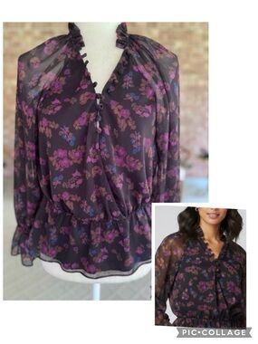 Bailey 44 Top Floral Chiffon Peplum Black Print Long Sleeve S Cottagecore